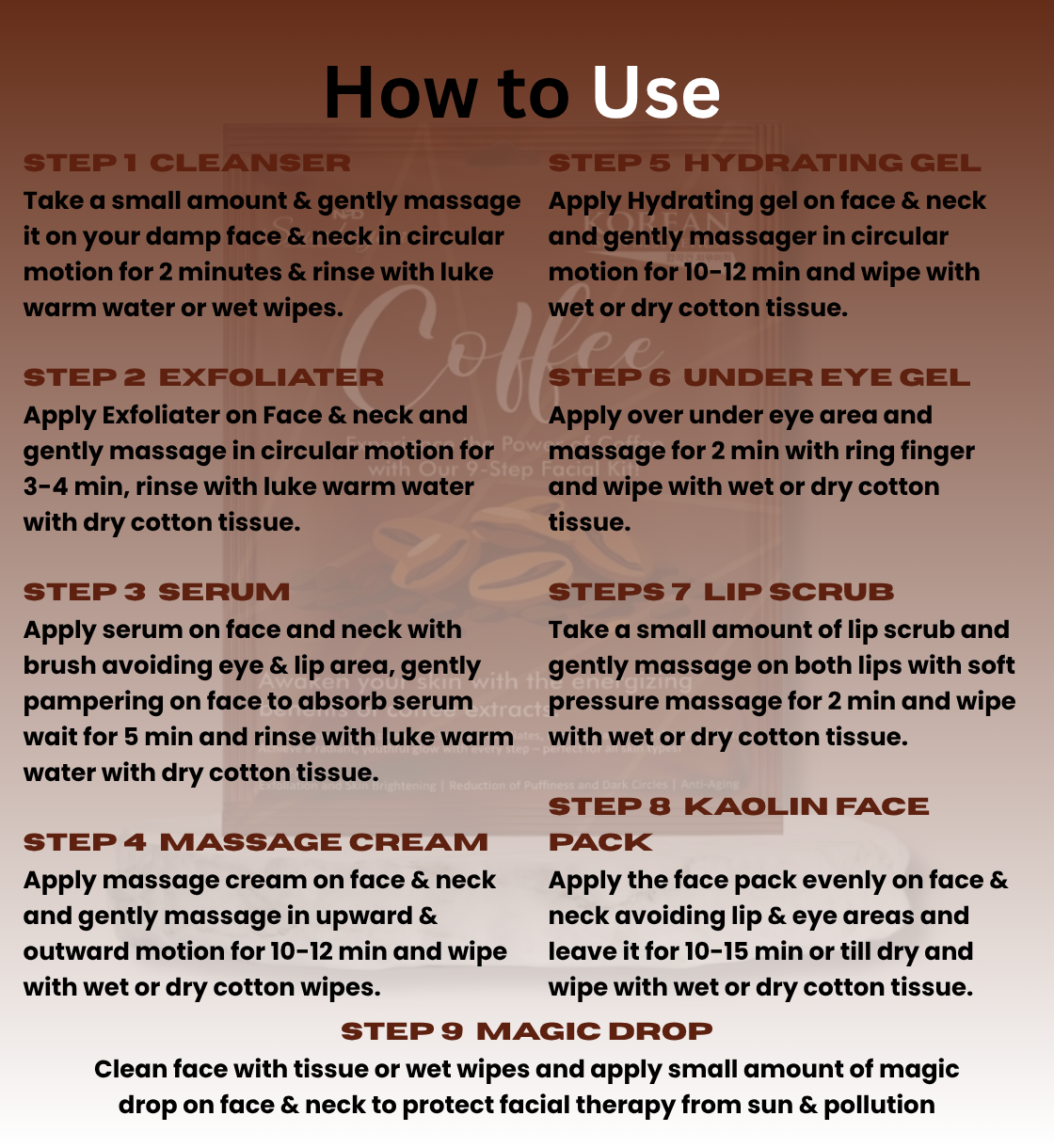 COFEE FACIAL KIT- 9 STEP FACIAL KIT FOR SHINHING