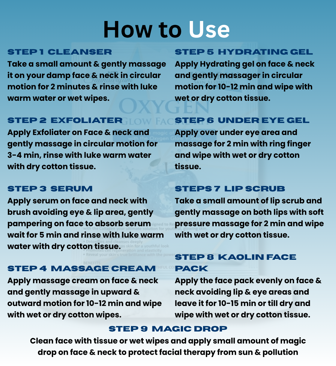 9 STEP FACIAL KIT FOR OPEN PORES-OXYGEN  FACIAL KIT
