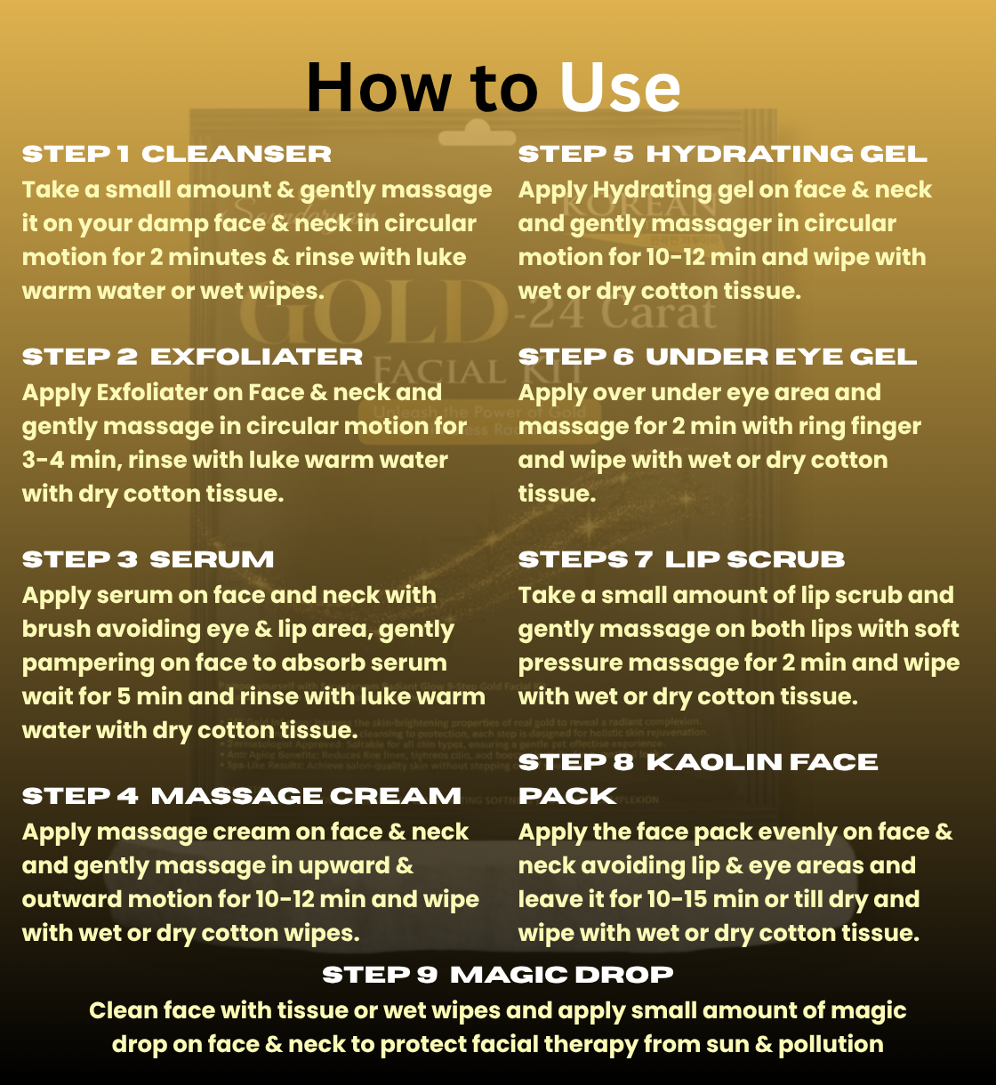 GOLD 24  FACIAL -9  STEP FACIAL KIT FOR GLOW